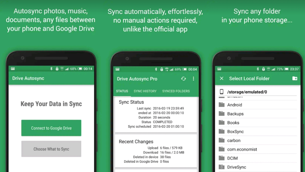Automatic file sync and backup tool for Google Drive cloud storage This app is an automatic file sync and backup tool. It lets you automatically synchronize files and folders with Google Drive cloud storage and with your other devices.